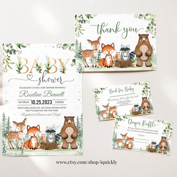 Woodland Baby Shower Invitation Set, EDITABLE Gender Neutral Pack, woodland animals invitations,Package, Woodland Theme Instant download