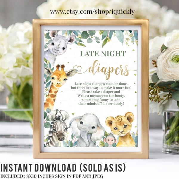 Safari Late Night Diapers Baby Shower Game, Printable Late Night Diapers Baby Shower Sign,Jungle Baby Shower Digital Instant Download