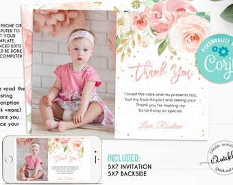 EDITABLE Blush Pink Floral Photo Gracias tarjeta, Tarjeta de nota de primer cumpleaños, Plantilla de invitación de 1er cumpleaños imprimible, Descarga instantánea de Girl One