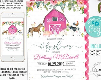 Farm Baby Shower Invitation Girl, Editable Pink Farm Animals Baby shower Invites, Girl Baby shower Invitations, Instant Download Template