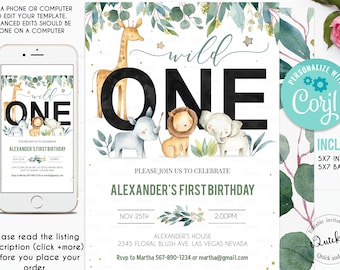 EDITABLE Safari Birthday Invitation, Wild one Boy Invites, First Birthday Jungle animals invitations, 1st birthday Digital instant download