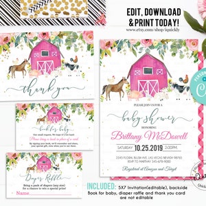 Farm Baby Shower Invitation Set, EDITABLE Girl Farm animals Invitations Pack, Package Farm Theme Girl Baby shower invites Instant download