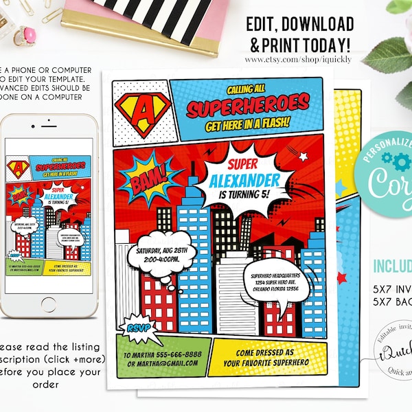 Superheroes Invitation, EDITABLE Superhero Birthday Invitations, Super Hero Comic book Printable Invite Template, Boy Instant download