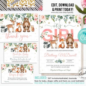 Woodland Baby Shower Invitation Set, EDITABLE Girl Pack, woodland animals invitations Package, Woodland Theme Instant download Template