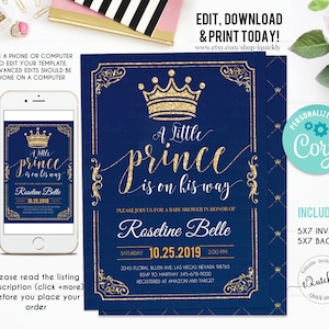 Prince Baby Shower Invitation EDITABLE , Crown Navy and Gold Boy Invite, Little Prince Invitations Instant Download Template Digital