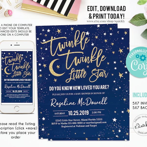EDITABLE Twinkle Twinkle Little Star Baby Shower Invitation, Boy Shower, Navy and Gold invite, Instant Download Template Digital Little Star