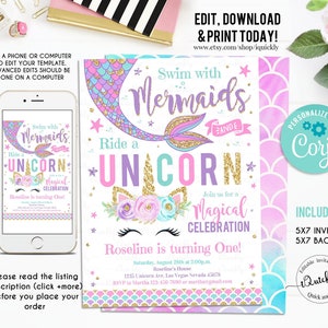 Editable Mermaid And Unicorn Birthday Invitation, Magical Unicorn, Mermaid Invite, Unicorn Magical Party Instant Download Printable digital image 1