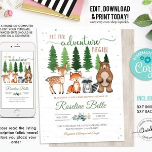 Woodland Baby Shower Invitation, EDITABLE, Adventure Woodland Forest invite, Gender Neutral, Mountain invitation, Boy Instant Download
