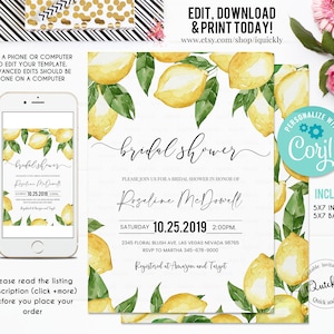 EDITABLE Lemon Bridal shower invitation, Citrus Lemonade Summer Spring Bridal shower Invites Digital Printable Template download