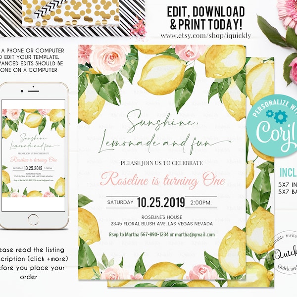 EDITABLE Lemon Birthday Invitation, Sunshine Lemonade and Fun, Citrus Floral Invites Summer Invitations Printable Template Instant download