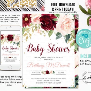 Burgundy baby shower invitation, Editable Girl Pink Floral Invitations, Baby Shower Invites Template Printable Instant download