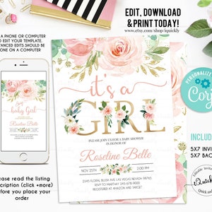 EDITABLE Invitation Blush Pink Floral Baby Shower Invitation It’s a girl Printable Baby Shower Invite Template, Sweet Girl Instant Download