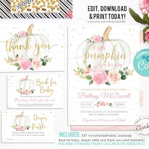 Conjunto de invitación de baby shower de calabaza editable, paquete de invitaciones de calabaza pequeña rosa y dorada Paquete de paquete de calabaza blanca Descarga instantánea