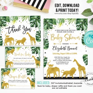 Jungle Gold Baby Shower Invitation Bundle, EDITABLE Jungle Invitations Safari Pack, Elephant Giraffe Wild One Package Set Téléchargement instantané 2
