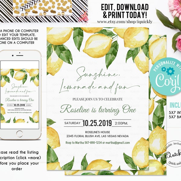 EDITABLE Lemon Birthday Invitation, Sunshine Lemonade and Fun, Citrus Invites 1st Birthday Summer Invitations Printable Template download