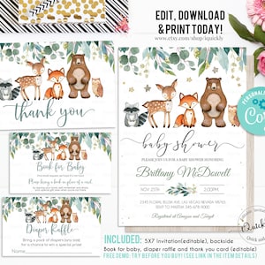 May include: A set of printable baby shower invitations with a woodland theme. The invitations feature a watercolor illustration of a deer, fox, bear, raccoon, and owl. The text on the invitations reads "baby shower" and "Brittany McDowell".
