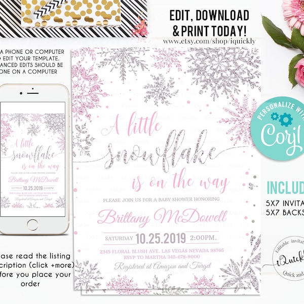 Editable Snowflake baby shower invitation, A little snowflake is on the way invitations, Girl Winter pink silver invites, Template download