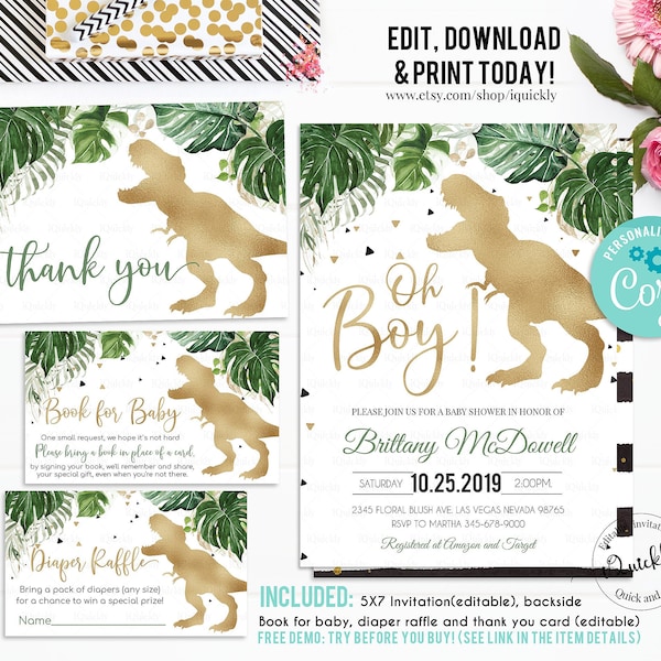 EDITABLE Dinosaur Baby Shower Invitation Set, Gold Boy Invites pack, Dino T-Rex Package Bundle Digital Printable Template Instant download
