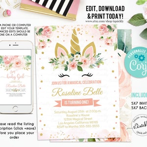 Unicorn Invitation, Editable Unicorn Birthday Invitation, Glitter Unicorn Invite Template, Magical Party Digital, Floral Instant download