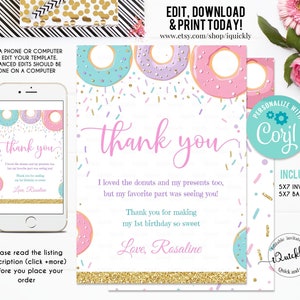 Cartão de agradecimento EDITÁVEL Donut, cartão Donut Girl Note, Donut Grown Up, modelo de primeiro aniversário para impressão, download instantâneo para impressão