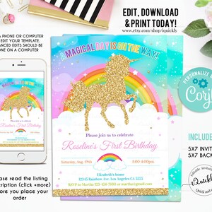 EDITABLE Rainbow Unicorn Birthday Invitation, Unicorn party, Magical Unicorn, Unicorn invite, Unicorn and Rainbow download Template Digital image 1