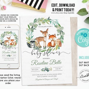 Wald-Baby-Dusche-Einladung, EDITIERBARE, geschlechtsneutral, Waldtiere Einladungen, Digital, Wald-Vorlage lädt sofortiger Download ein
