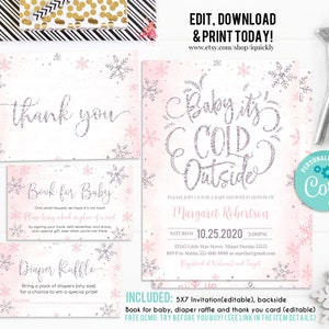 EDITABLE Baby It's Cold Outside Baby Shower Invitation Set Snowflake Girl Shower package Winter Invite Pink Silver Pack Download Template