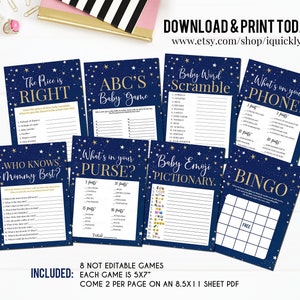Twinkle twinkle little Star Baby Shower Games, Gender Neutral Baby Shower Game Bundle, Navy and Gold, Moon and Star Instant Download Digital
