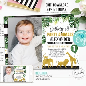 Jungle gold Birthday Invitation, EDITABLE jungle Invitations, Photo Safari Invite, Giraffe Elephant Wild one Boy Instant download Printable image 1