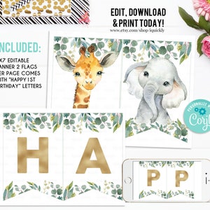 Happy Birthday Banner Safari Animals Party Animals Wild One Birthday Boy Zoo Decorations Instant download Printable Digital
