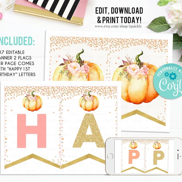 EDITABLE Pumpkin Banner, Birthday Banner, Little Pumpkin Printable 1st bunting banner, Fall Autumn Baby Shower Template, Instant download