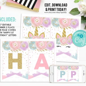 EDITABLE Unicorn Banner, Happy Birthday Banner, Printable 1st Birthday buting banner, Baby Shower Template, Boho Girl, Instant download 2