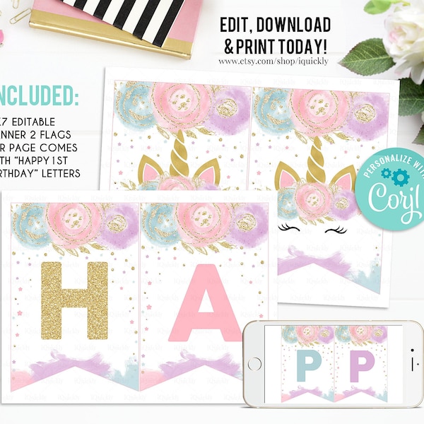 EDITABLE Unicorn Banner, Happy Birthday Banner, Printable 1st Birthday buting banner, Baby Shower Template, Boho Girl, Instant download 2