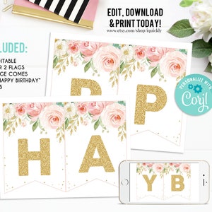 EDITABLE Blush Pink Floral Banner, Birthday Banner, Printable 1st Birthday buting banner, Baby Shower Template, Boho Girl, Instant download