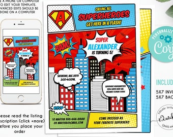 Superheroes Invitation, EDITABLE Superhero Birthday Invitations, Super Hero Comic book Printable Invite Template, Boy Instant download