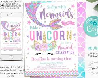 Editable Mermaid And Unicorn Birthday Invitation, Magical Unicorn, Mermaid Invite, Unicorn Magical Party Instant Download Printable digital