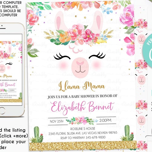 Editable Llama Baby Shower Invitation Llama Love Fiesta Cactus - Etsy