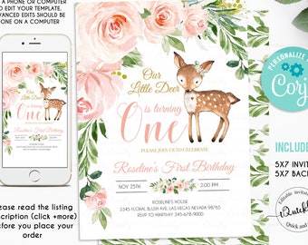 Our Little deer First Birthday Invitation, Woodland Deer Birthday Invitations, Floral Woodland Invite, Editable template, INSTANT DOWNLOAD