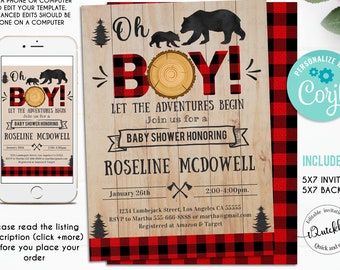 Lumberjack Baby Shower Invitation Editable, Buffalo Plaid Invite, Wilderness Bear Invitation, Rustic Boy Shower Invite, Cub Instant Download