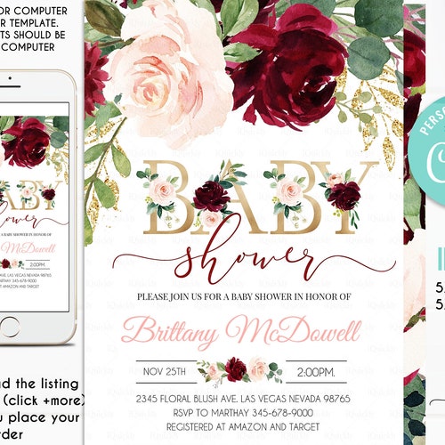 EDITABLE Invitation Blush Pink Floral Baby Shower Invitation Etsy