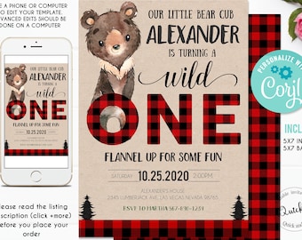 EDITABLE Wild One Birthday Invitation, Lumberjack First Birthday Invitations, Bear 1st Birthday Invitation, Buffalo Plaid Template download