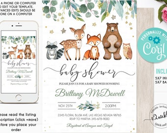 Woodland Baby Shower Invitation, EDITABLE, Gender Neutral, woodland animals invitations, Digital, Woodland Theme Invites Instant download