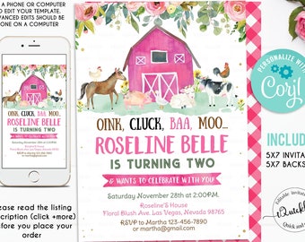 Editable Farm Birthday Invitation, Girl Barn Party Digital Invite Pink Farm Animals Barnyard Invitations INSTANT DOWNLOAD printable template