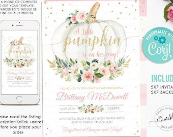 Pumpkin Baby Shower Invitation, EDITABLE Floral Pink and gold Girl White Pumpkin Baby Shower Invites, Fall, Autumn Instant Download Template