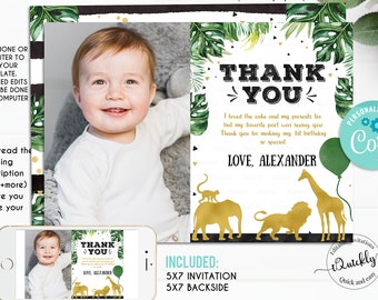 EDITABLE Jungle gold Photo Thank you card, Wild One Thank you Note Black and Gold Safari Animals Boy Instant Download Printable Template