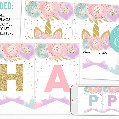 editable unicorn banner happy birthday banner printable 1st etsy