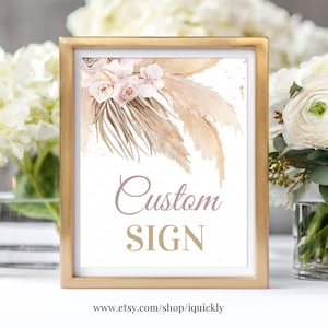 EDITÁVEL Placa personalizada de grama Boho Pampas, chá de bebê, chá de panela, placas de aniversário, bar Momosa, cartão de presente, não diga bebê, download para impressão