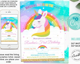 Rainbow Unicorn Birthday Invitation Editable, Unicorn party, Magical Unicorn, Unicorn invite, Unicorn and Rainbow download Template Digital
