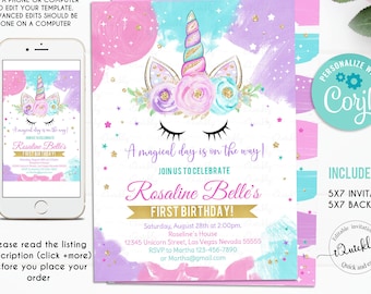 Unicorn Invitation Editable Unicorn Party, Unicorn Birthday Invitations, Magical Unicorn Invite, Girl gold Template Digital Instant Download
