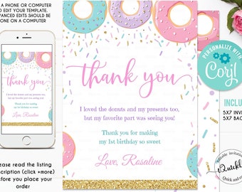 Donut Thank you Card Donut Birthday Girl Doughnut Pink Donut Party Editable Thank You Card Birthday Template Instant Download Templett 0050